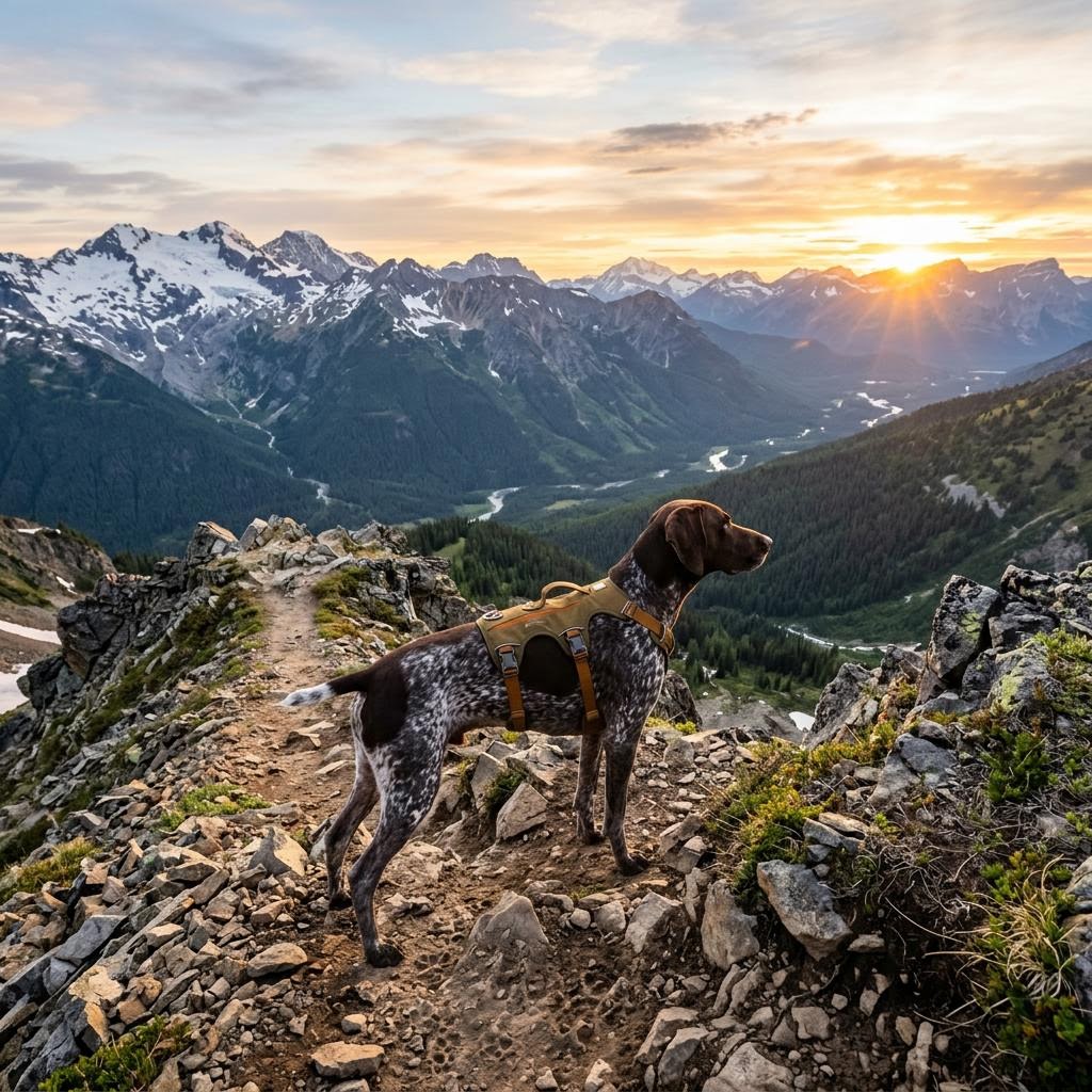 Dog standing with a hiker on a mountain trail at sunrise